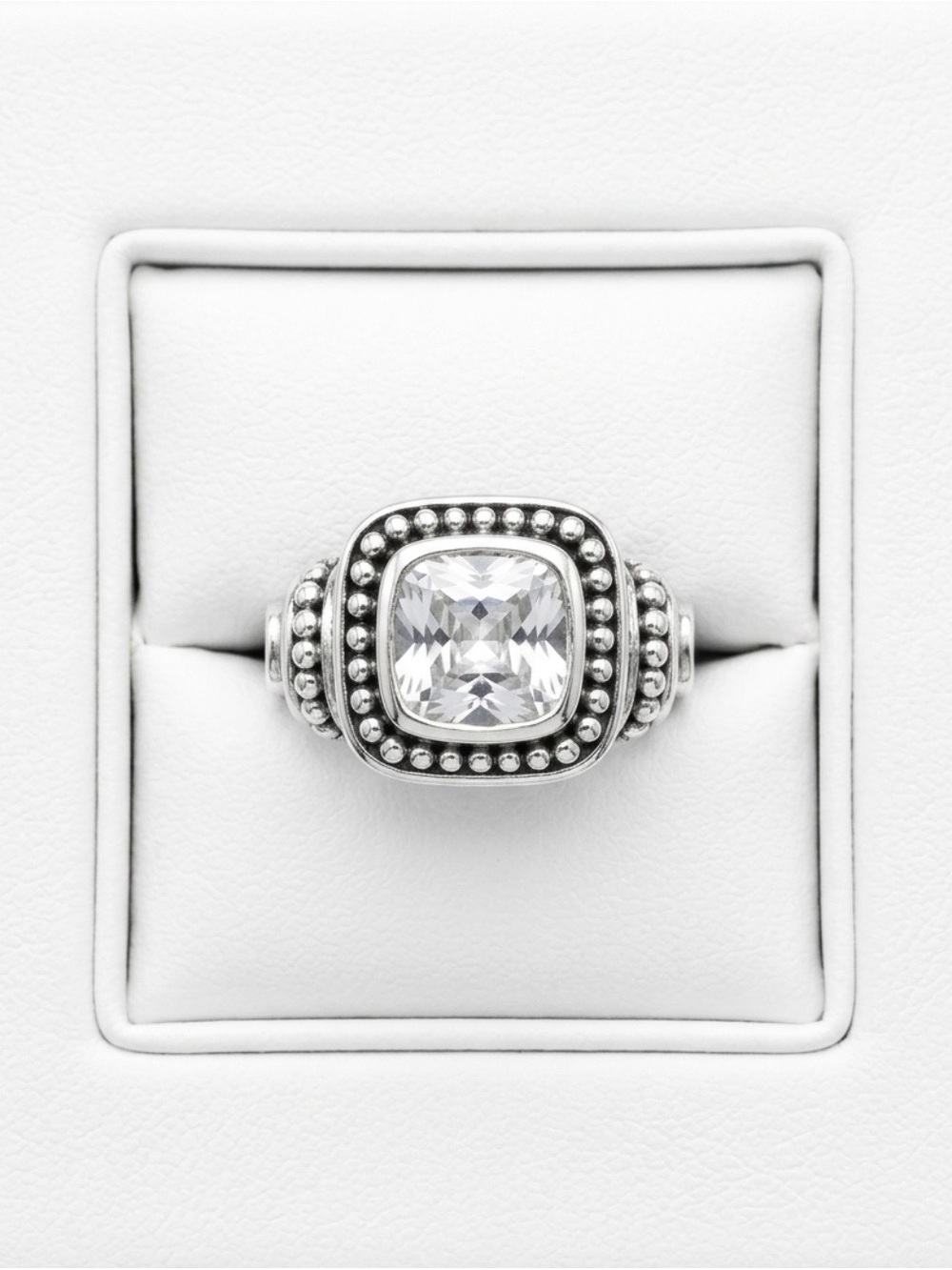 Sterling Silver Twisted Cable Ring with Cushion Cut Clear Stone Size 6